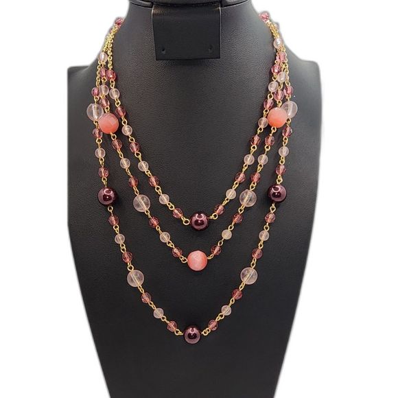 Pink Beaded Layered Necklace with Gold Tone Chain - Picture 1 of 5